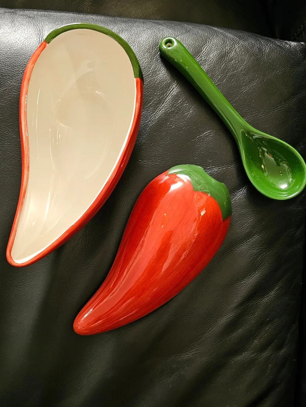Ceramic Red Chili Pepper Sculpture Dip Salsa Bowl & Stem Spoon New Without Tags